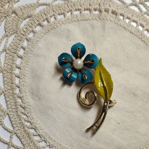Vintage Blue and Yellow Floral Brooch
